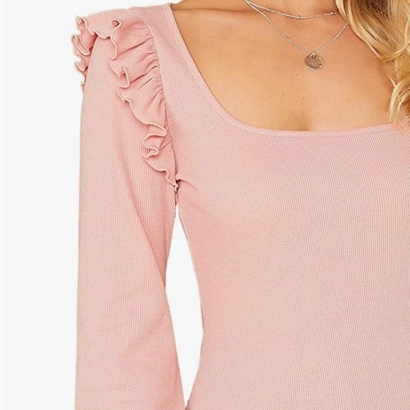 𝅺𝅺⭐️2 FOR $20⭐️ Ruffle Trim Square Neck Pink Long Sleeve Top. SM/M - Picture 3 of 12